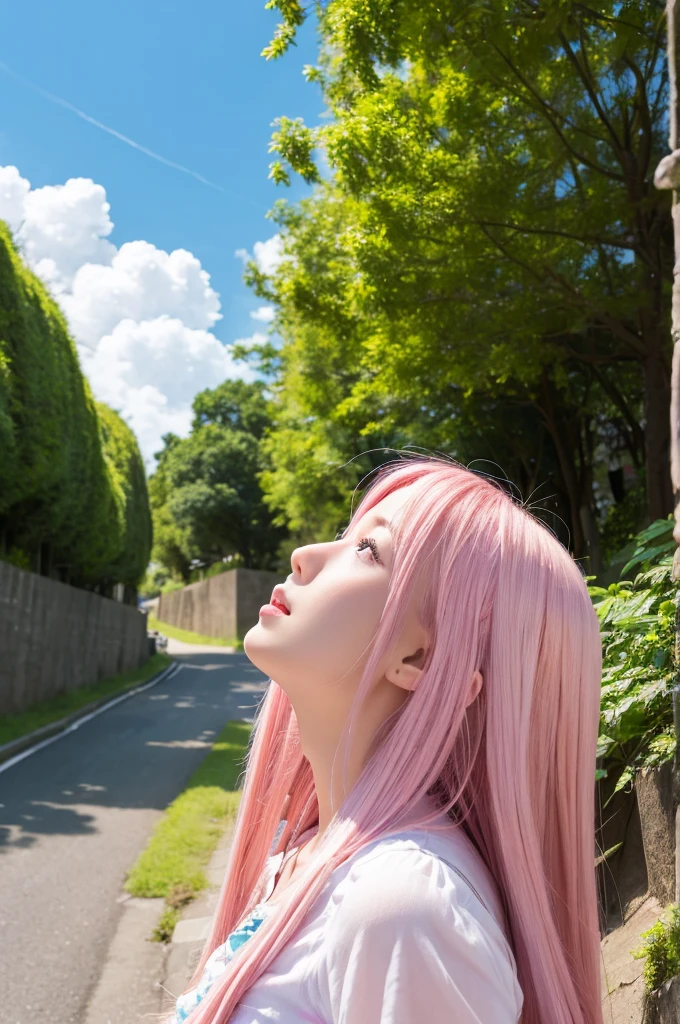 high resolution、超high resolution、Summer Entrance Cloud、A girl with long pink hair looking up at the sky on a small hill