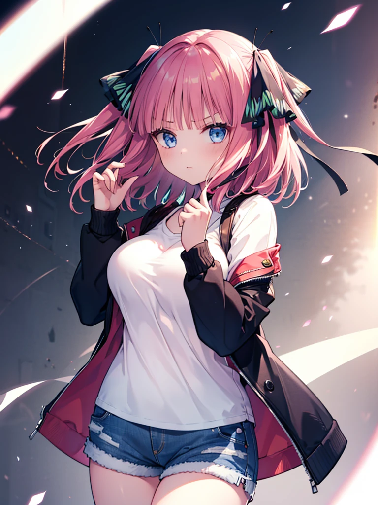 (8K, Highest quality, Highest quality, masterpiece), nn1, 1girl, hair ribbon, long hair, serious, denim shorts, big breasts