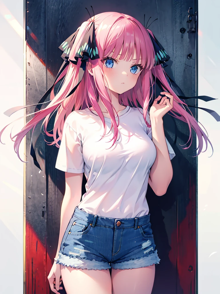 (8K、Top image quality、top-quality、masterpiece)、1 loli、Pink hair、Long to Side Up、light blue eyes、(smirk grin)、Smaller chest、White camisole、denim micro short shorts、partially unzipped、(over kneehighs)、cowboy shot、Back alley background