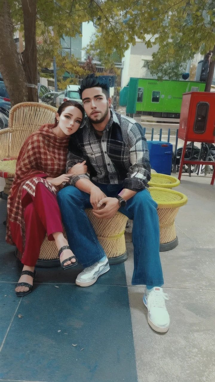 A beautiful woman and a man with short hair, a muslim vir a woman and a man, they look at each other, they laugh at each other, el ele tutuşuyorlar, Two Muslims who love each other, they're laughing, men's hair is short and brown, Men and women laugh at each other,