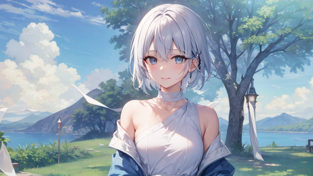 Her eyes were shining、Mysterious and enchanting atmosphere。With AI Painting、とてもShort Hair, Long bangs between the eyes, Very detailed,(masterpiece、Highest quality)、alone、Gray Hair、Fantasy, Silver Hair, Fantasyな風景、White shirt、smile、Open your mouth、Scarf、short hair、Short Hair、hairpin、black eye、Grey Eyes、Beautiful Eyes