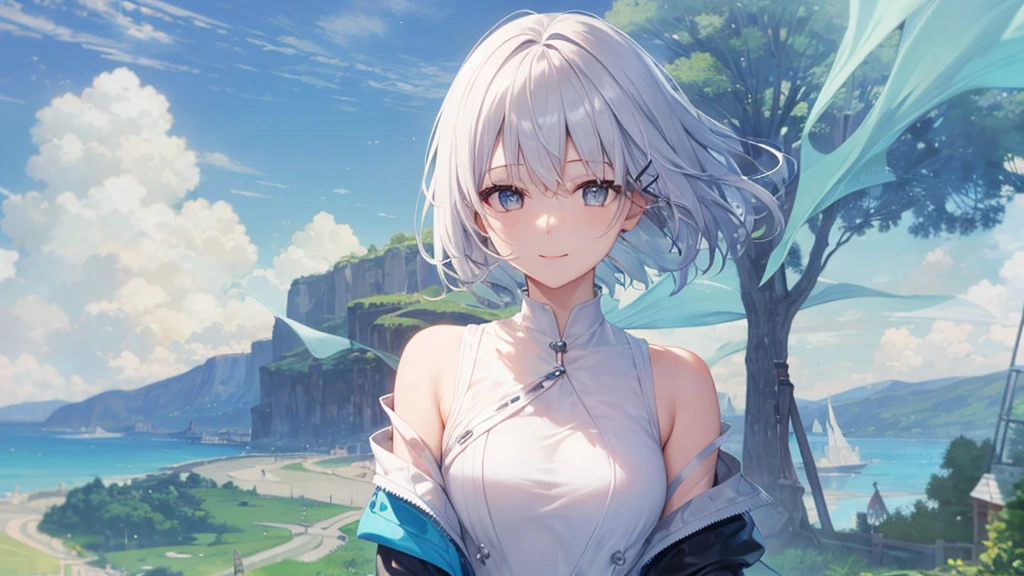Her eyes were shining、Mysterious and enchanting atmosphere。With AI Painting、とてもShort Hair, Long bangs between the eyes, Very detailed,(masterpiece、Highest quality)、alone、Gray Hair、Fantasy, Silver Hair, Fantasyな風景、White shirt、smile、Open your mouth、Scarf、short hair、Short Hair、hairpin、black eye、Grey Eyes、Beautiful Eyes