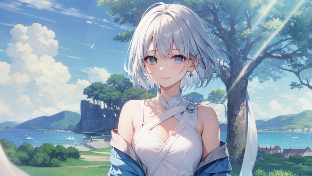 Her eyes were shining、Mysterious and enchanting atmosphere。With AI Painting、とてもShort Hair, Long bangs between the eyes, Very detailed,(masterpiece、Highest quality)、alone、Gray Hair、Fantasy, Silver Hair, Fantasyな風景、White shirt、smile、Open your mouth、Scarf、short hair、Short Hair、hairpin、black eye、Grey Eyes、Beautiful Eyes