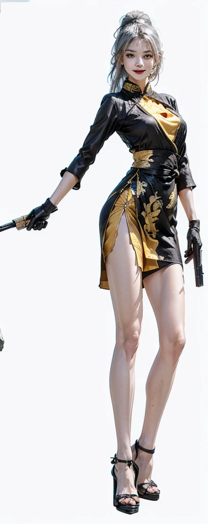 (Top quality，Ultra HD，lifelike: 1.4)(Cowboy Shooter 1)，Beautiful armed girl， (K-Pop Idol) ，Detailed face，opposition，Perfect anatomy，Smooth skin，Professional lighting， ((Wearing black and gold short qipao，Black high heels，Wear a high ponytail，Black gloves，Black cloth tied around legs)，Victory in battle，Smile of victory(background，Destroyed buildings，Fire， (Huge explosion) ) ,Full body close-up，Turn your back to the audience (Holding weapon, Holding rifle, Purposeing, Purpose:1.2), gun, H&k hk416, 马gun, Fire,