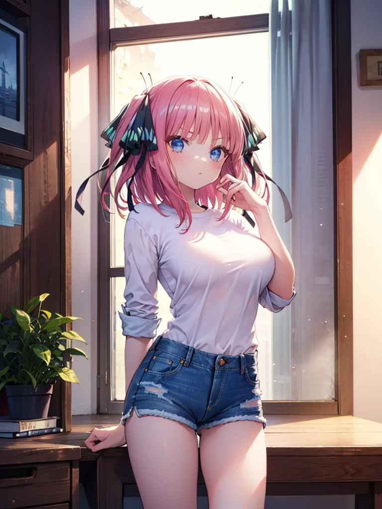(8K, Highest quality, Highest quality, masterpiece), nn1, 1girl, hair ribbon, long hair, serious, denim shorts, big breasts