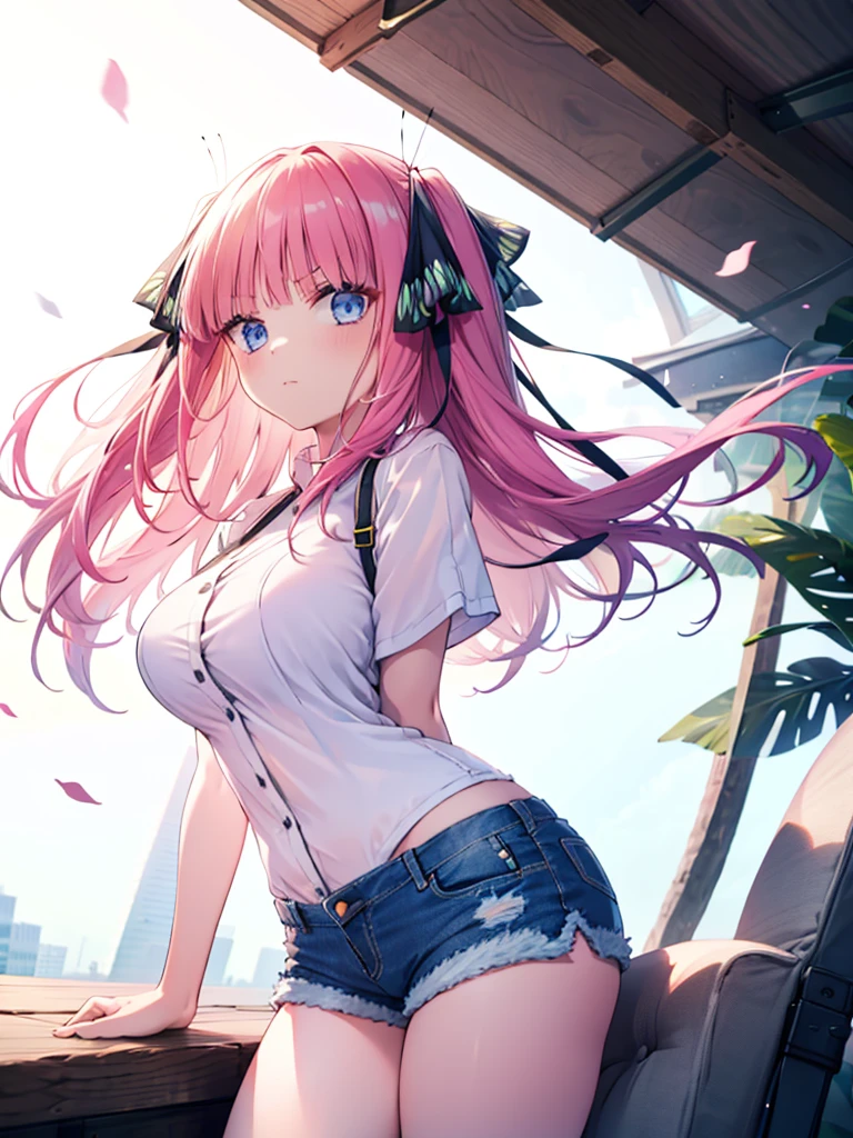 (8K, Highest quality, Highest quality, masterpiece), nn1, 1girl, hair ribbon, long hair, serious, denim shorts, big breasts