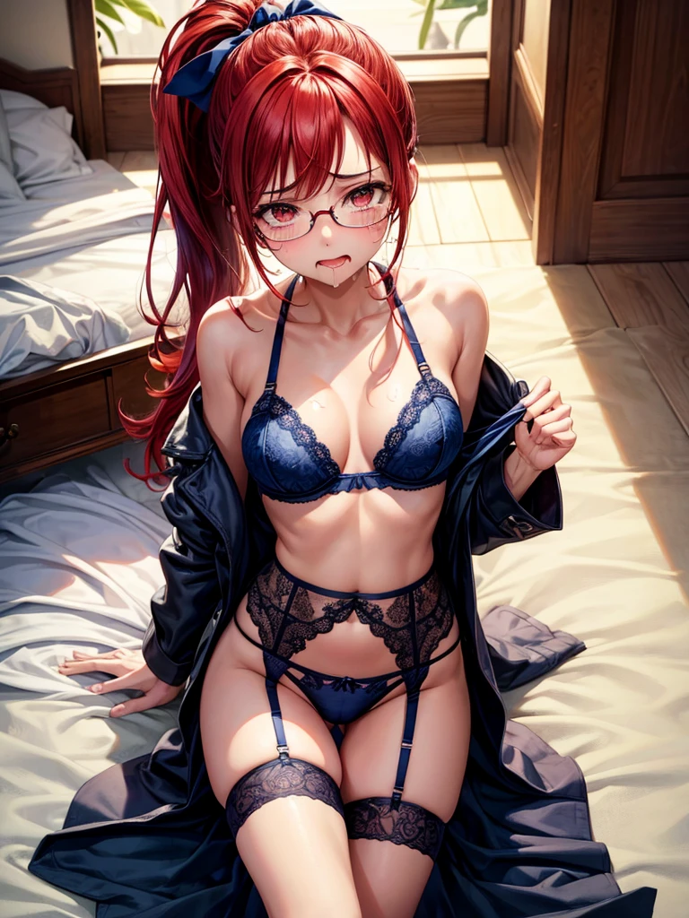 Highest quality,High resolution,1People Girl,beautiful girl,whole body,look up,looking at the camera,Big eyes,Glasses,Crying face,Tears,Stringy saliva,Open your mouth wide,Sticking out tongue,Flush saliva,Overflowing with saliva,ponytail,Red Hair,Red eyes,銀のGlasses,Bondage,High Leg,Tears overflow,Dripping a lot of saliva,Drooling,sexy,Western-style room,Alluring,Navy blue underwear,Navy blue bra,Navy blue garter belt,Navy blue stockings,