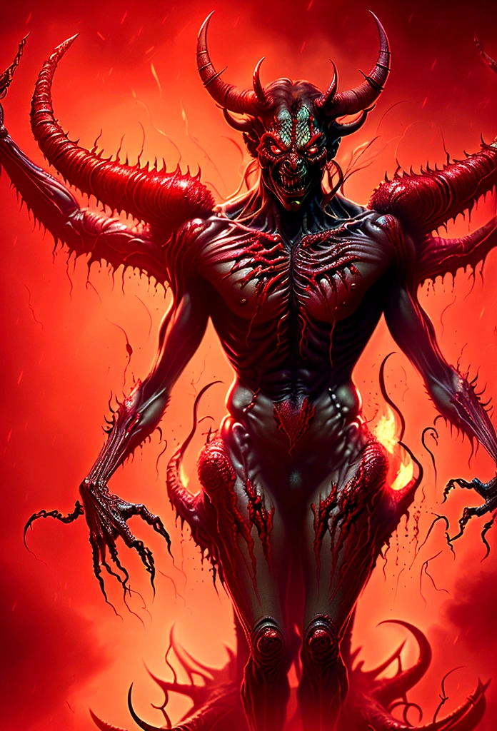 Demon in red background with greenish skin and long red glowing eyes moved by hurricane wind with outstretched hand with airbrush dynamic pose