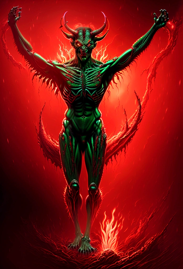 Demon in red background with greenish skin and long red glowing eyes moved by hurricane wind with outstretched hand with airbrush dynamic pose
