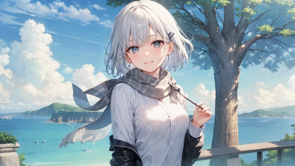 Her eyes were shining、Mysterious and enchanting atmosphere。With AI Painting、とてもShort Hair, Long bangs between the eyes, Very detailed,(masterpiece、Highest quality)、alone、Gray Hair、Fantasy, Silver Hair, Fantasyな風景、White shirt、smile、Open your mouth、Scarf、short hair、Short Hair、hairpin、black eye、Grey Eyes、Beautiful Eyes