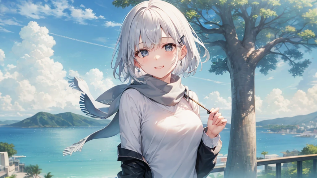 Her eyes were shining、Mysterious and enchanting atmosphere。With AI Painting、とてもShort Hair, Long bangs between the eyes, Very detailed,(masterpiece、Highest quality)、alone、Gray Hair、Fantasy, Silver Hair, Fantasyな風景、White shirt、smile、Open your mouth、Scarf、short hair、Short Hair、hairpin、black eye、Grey Eyes、Beautiful Eyes