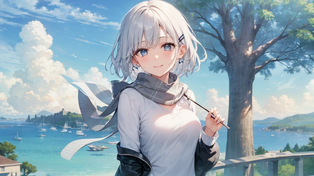 Her eyes were shining、Mysterious and enchanting atmosphere。With AI Painting、とてもShort Hair, Long bangs between the eyes, Very detailed,(masterpiece、Highest quality)、alone、Gray Hair、Fantasy, Silver Hair, Fantasyな風景、White shirt、smile、Open your mouth、Scarf、short hair、Short Hair、hairpin、black eye、Grey Eyes、Beautiful Eyes