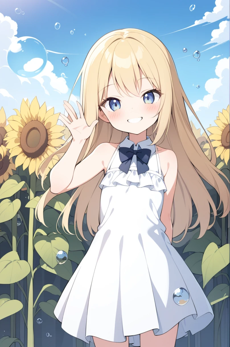 (1girl,10 years old),blonde hair,long hair,white dress, sleeveless, bow tie, bare shoulders,evil smile,, sunflowers, standing alone, flowers, plein-air, manga curta,, blue sky, yellow flowers, blush, (bubble), waving, waving arm, arm behind the back,