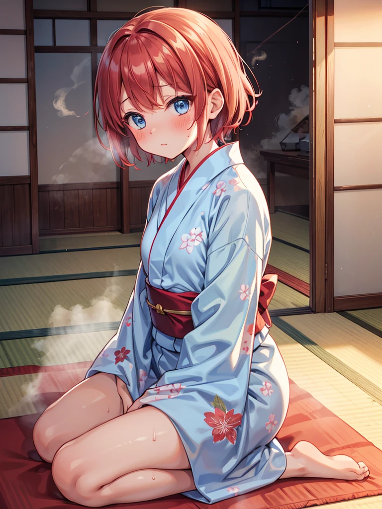 yukata,sweaty,steam_from_body,blush,bronde_hair,short_hair,red_hair_band,cute_face,1_girl,beautiful,good_anatomy,best_quality,light_blue_eyes,tatami room