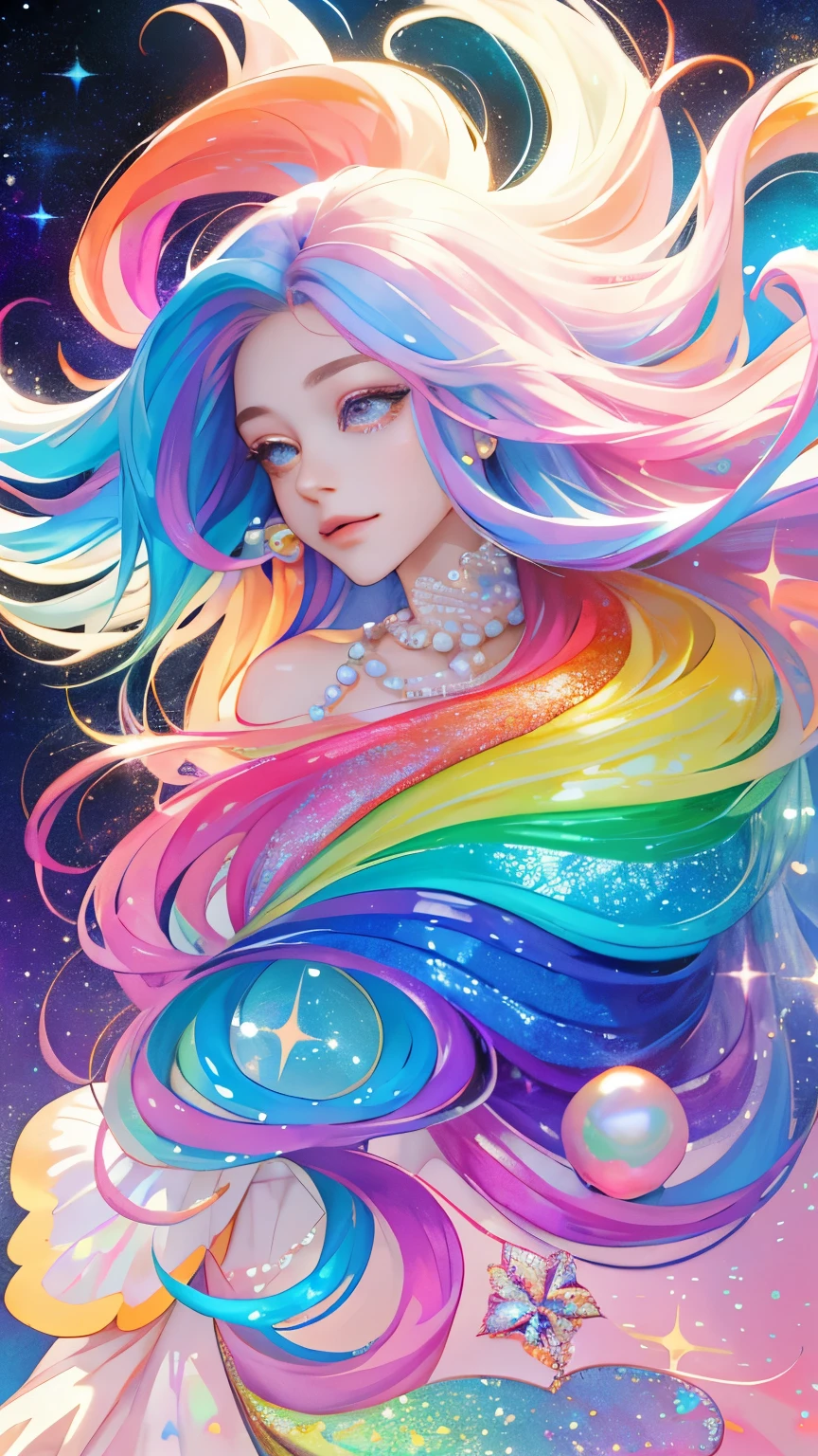 high quality,masterpiece,Delicate facial features,Delicate hair,Delicate eyes,((pretty girl)),(colorful),Flowing colorful auspicious clouds,colorful hair,colorful dress,(There are highlights in the hair),((Tiny pearl hair,Sparkle and shine)),colorful,Painted in many colors,colorful rainbow,Beautiful CG,Delicate and beautiful features,Gorgeous highlights,Crystal Clear,((Shining Sparkle)),perfection,Dreams are magical,colorful floating clouds,Sequin trim on the corners of the eyes(Delicate expression)(Depiction of fine hair)(最high quality)(マスターのmasterpiece)(High degree of perfection)(atmosphere)8k wallpaper,masterpiece,The best quality at its best,Super detailed(Half-length portrait)