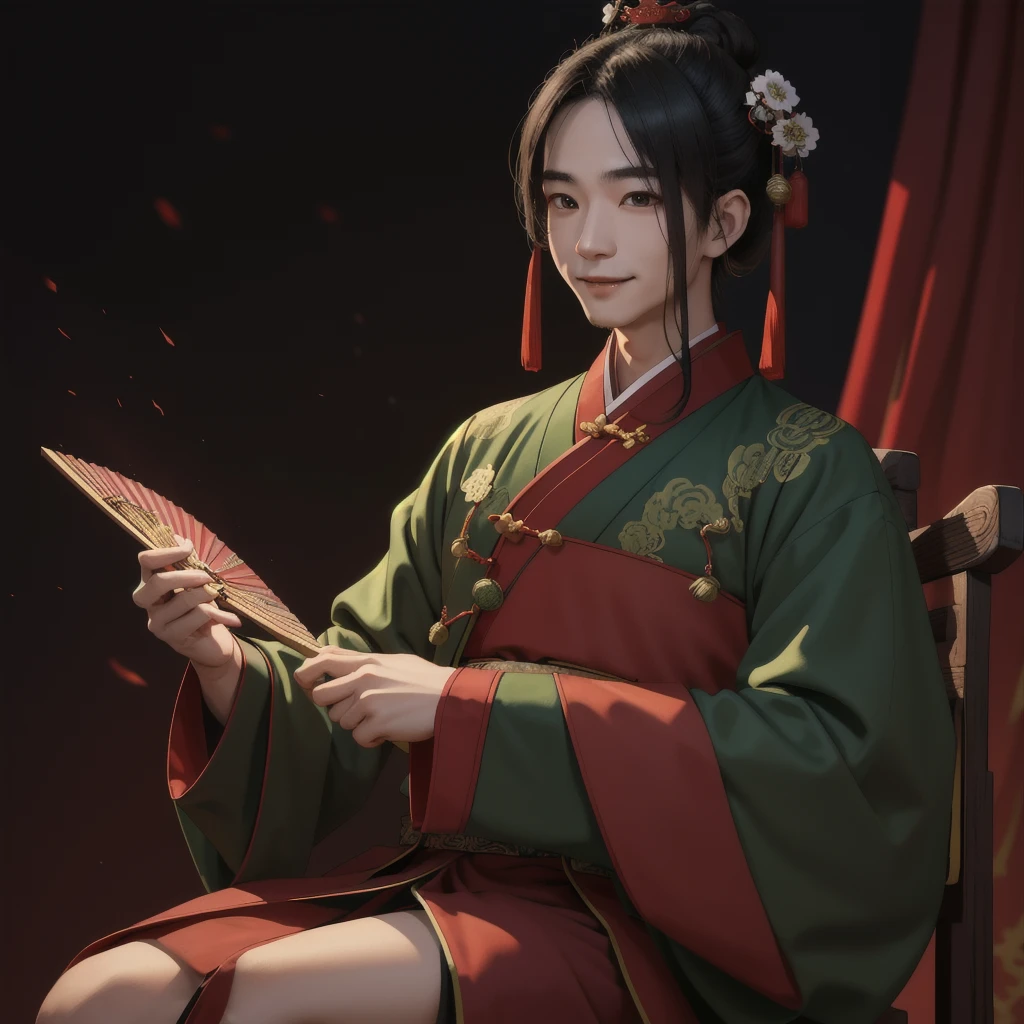 high quality, masterpiece,detailed, gu changge, green chinese clothes, black eyes, hanfu male, pure smile, sitting on throne, dynamic lighting, dark lighting,sports a cinnabar mole,holding Chinese fan,ancient chinese style house background