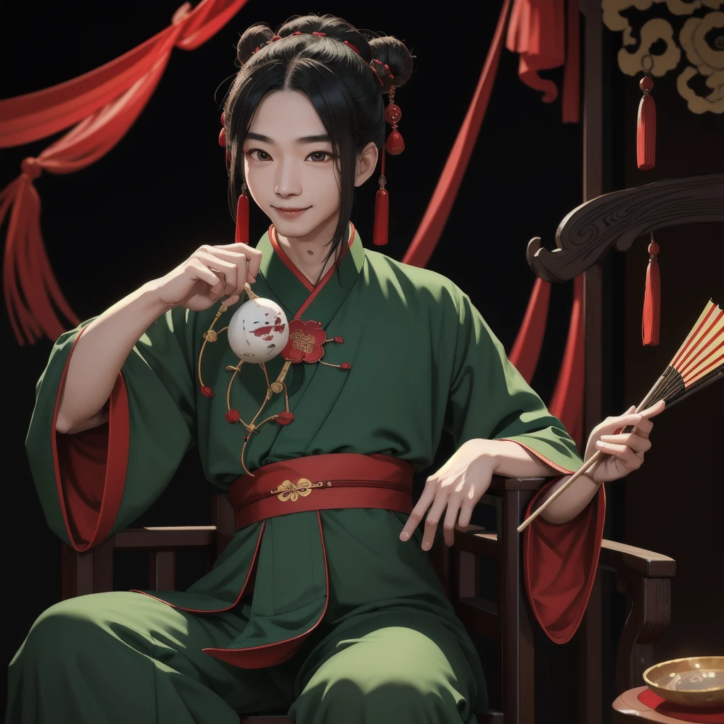 high quality, masterpiece,detailed, gu changge, green chinese clothes, black eyes, hanfu male, pure smile, sitting on throne, dynamic lighting, dark lighting,sports a cinnabar mole,holding Chinese fan,ancient chinese style house background 