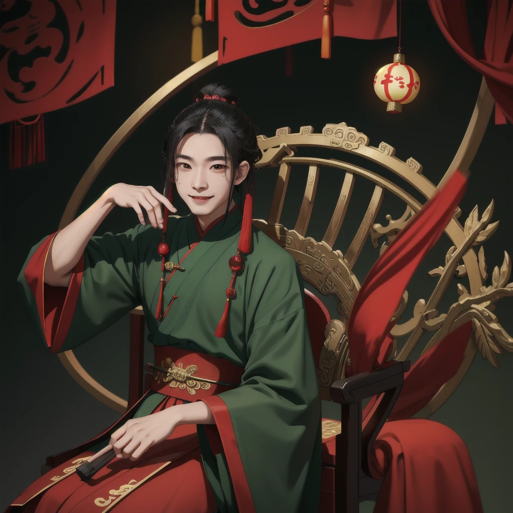 high quality, masterpiece,detailed, gu changge, green chinese clothes, black eyes, hanfu male, pure smile, sitting on throne, dynamic lighting, dark lighting,sports a cinnabar mole,holding Chinese fan,ancient chinese style house background 