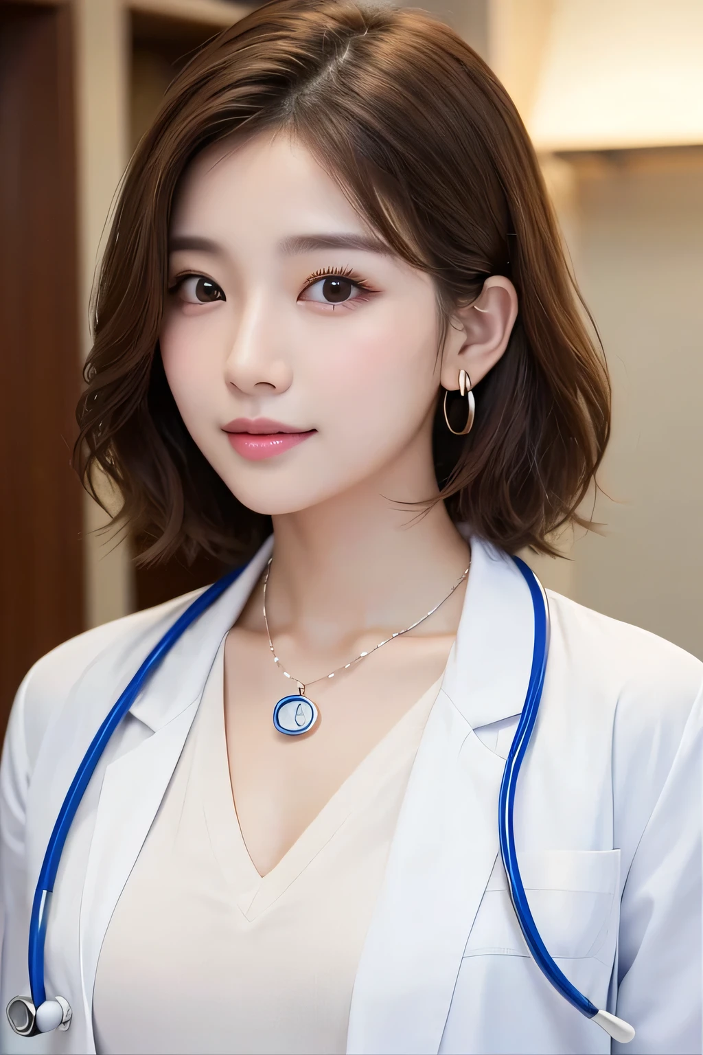 Beautiful young woman、 Korean women、Light brown hair、Necklace around the neck、White、Doctor's clothing、Stethoscope、Wavy Hair、short hair、Intricate details, Very detailed:1.2), 、 Looking into the camera,The background is the inspection room..、ear piercing
