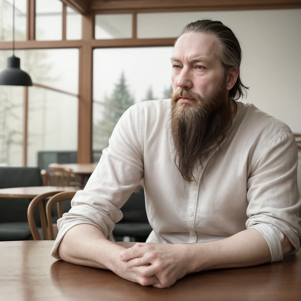 Man with a beard, white skin, in his 40s, robust and sensual, sitting in front of a table drinking coffee and looking serious, reflecting on something serious
