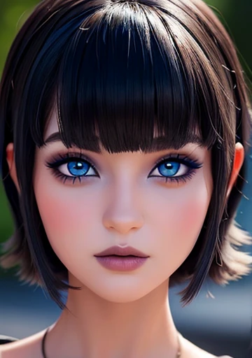 Beautiful girl with blue eyes, short black hair, beautiful and perfectly detailed face, make-up, shadows and eyeliner, voluminous lips