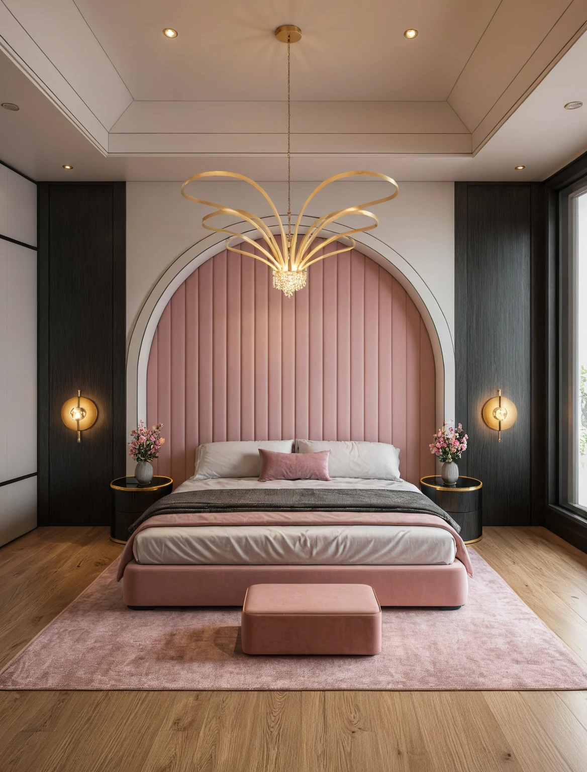 Raw photo,Masterpiece, high quality, best quality, authentic, super detail, interior, ((girl's bedroom)), ( style modern luxury), sunset, day light, bed, carpet, curves, bedside cabinets, wood floor, led, flower vase, butterfly chandelier , windows, downlight, (pink and black tones), wardrobe, glass cabinet doors, gold brace,