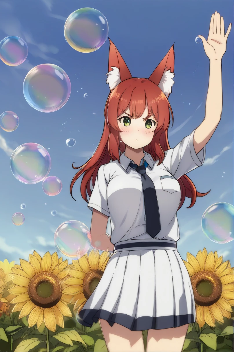 (1girl ,20s,mature female,young),angry face,white shirt,short sleeves,(black standard tie),white school skirt,(red hair),long hair,fox ears, sunflowers, standing alone, flowers, plein-air, manga curta,, blue sky, yellow flowers, blush, (bubble), waving, waving arm, arm behind the back,