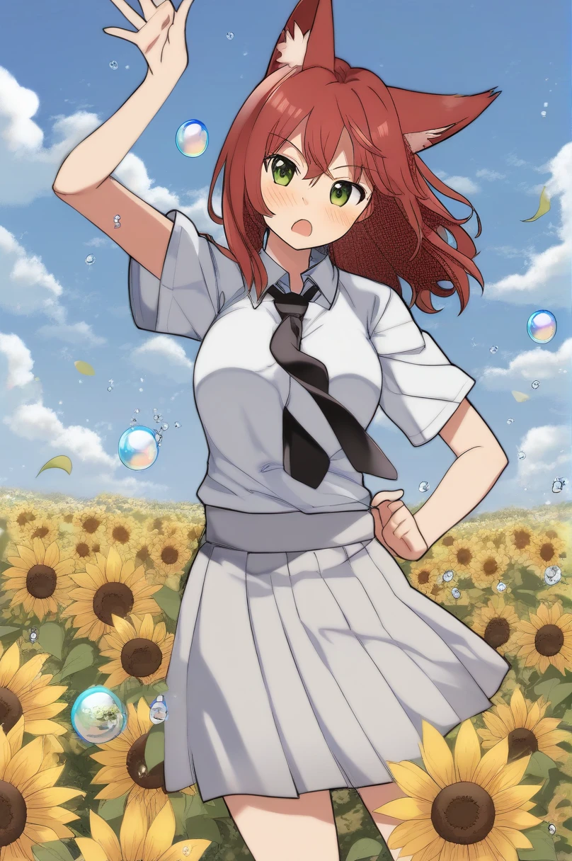 (1girl ,20s,mature female,young),angry face,white shirt,short sleeves,(black standard tie),white school skirt,(red hair),long hair,fox ears, sunflowers, standing alone, flowers, plein-air, manga curta,, blue sky, yellow flowers, blush, (bubble), waving, waving arm, arm behind the back,