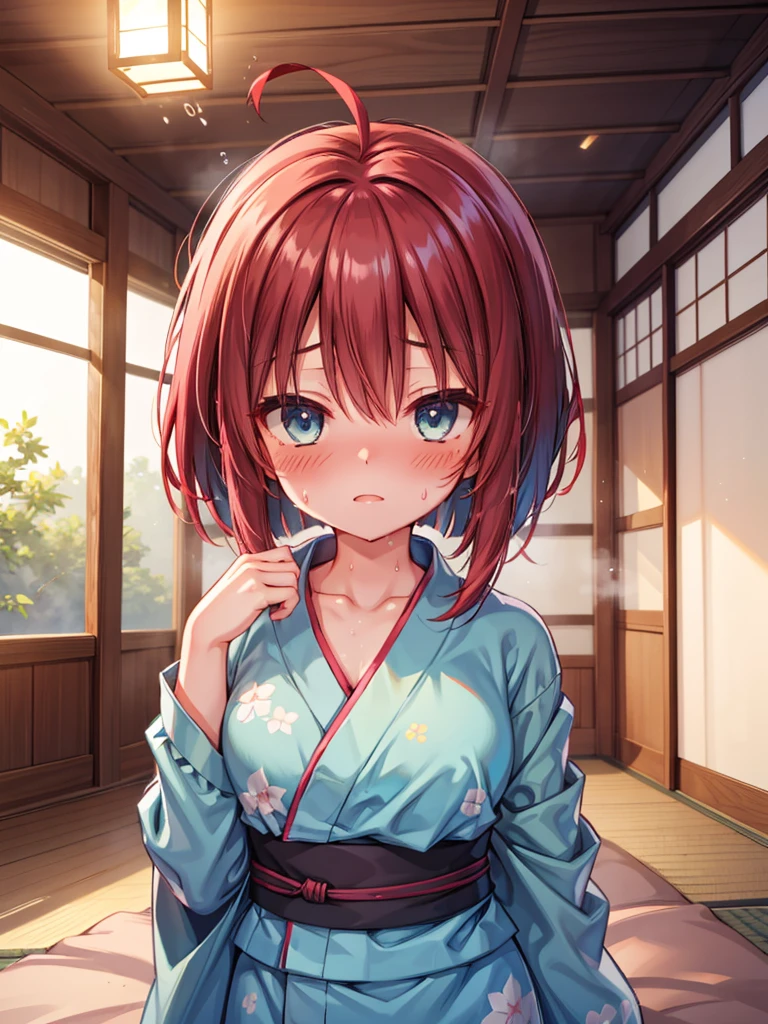 yukata,sweaty,steam_from_body,blush,bronde_hair,short_hair,red_hair_band,cute_face,1_girl,beautiful,good_anatomy,best_quality,light_blue_eyes,tatami room