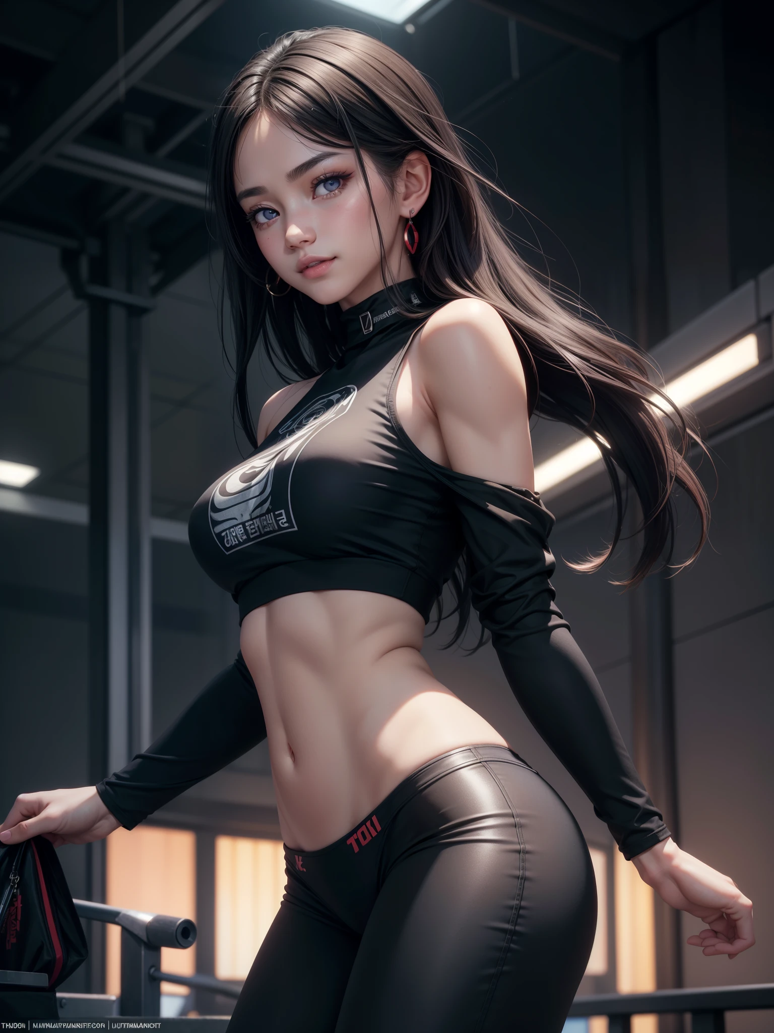 (Solo exhibition), (a detailed full-body RAW photo of a girl), (tmasterpiece:1.0), (best qualtiy:1.4), (超高分辨率:1.2), (realisticlying:1.4), 8K分辨率, a Canon EOS R5, 50mm, absurderes, hyper-detailing, (20yr old), Sharp focus, cinmatic lighting, Detailed beautiful face, (putting makeup on:1.2), (ulzzang-6500-v1.1), Petite figure, detailed skin textures, paleskin, a flat chest, (Slimming and bodybuilding:1.3), thigh gap, Delicate brown hair,sweltering heat,Open your hands,Pick up your clothes,((wiping sweat))、(Very messy hair:1.5),ssmile,(Sports bra,sport leggings:1.4),realistic glittering skin,(perspired:1.45),Slim waist,Tempting,ssmile,