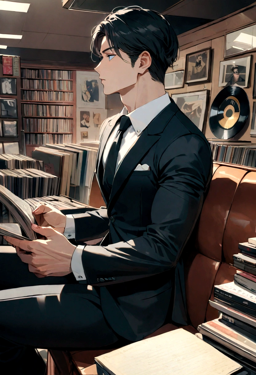 A photo from a comfortable angle In a vintage record store full of vinyl records.,manuscript,Wear a suit and have a muscular body., man,handsome,short hair,black hair , blue eyes , Sit and listen to music