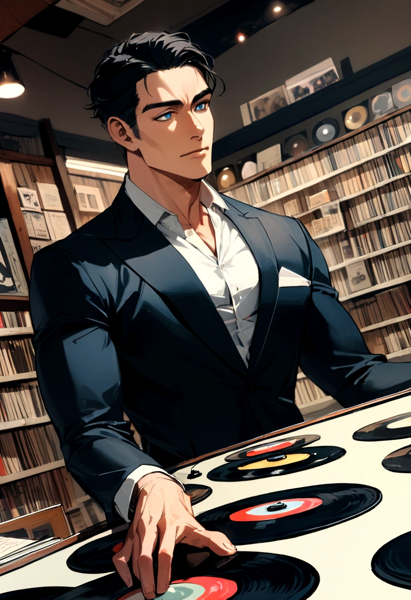 A photo from a comfortable angle In a vintage record store full of vinyl records.,manuscript,Wear a suit and have a muscular body., man,handsome,short hair,black hair , blue eyes , Sit and listen to music