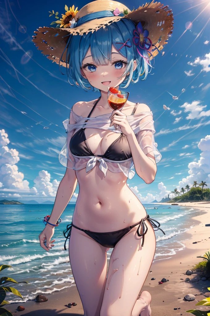 rezeroRem, Rem, blue eyes, Blue Hair, hair ornaments, Hair on one eye, Hair Ribbon, short hair, x hair ornaments,Straw hat,,happy smile, smile, Open your mouth,blush,Red T-shirt,Bikini swimwear under clothes,barefoot,barefoot,walking,whole bodyがイラストに入るように,
break outdoors, Beach,Sandy Beach,
break looking at viewer, whole body,
break (masterpiece:1.2), Highest quality, High resolution, unity 8k wallpaper, (shape:0.8), (Beautiful attention to detail:1.6), extRemely detailed face, Perfect lighting, extRemely detailed CG, (Perfect hands, Perfect Anatomy),