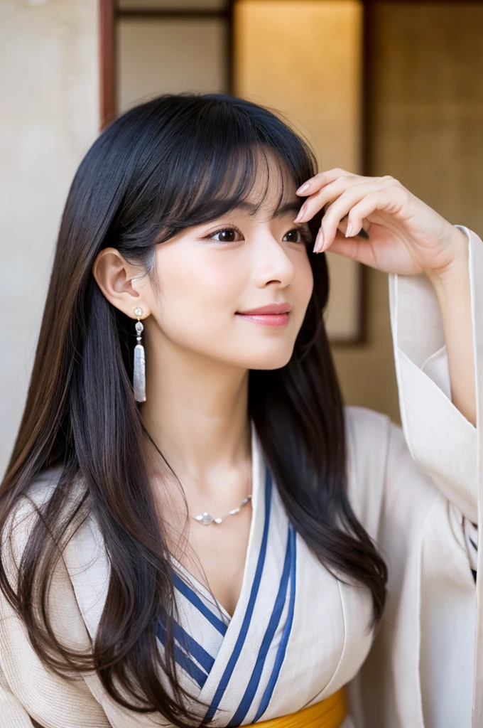 fortune teller,((full body)),((photo)),((best qualtiy, 8K, tmasterpiece:1.3)), Focus:1.2, perfect figure beautiful girl:1.4,1girl,cowboy shot,look at viewer,incredibly absurd, beautiful and cute girl with a photorealistic face, showcasing top-quality craftsmanship, A Japanese woman who works as a fortune teller at a fortune telling parlor, 21 years old, hairstyle is long, deep black hair, shiny, silky texture, diagonal bangs cut above the eyes, side parted hair with a lot of volume, layered hair around the face, amber eyes, fair and fine skin, gentle oval face, cool double eyelids, long eyelashes, thin eyebrows with a natural curve, straight nose, small nose, naturally pink and light lips, plump cheeks that suit a smile, gentle jawline, long neck, beautiful nape, , delicate, well-balanced proportions, slender limbs, small A-cup breasts, beautiful Japanese appearance, elegant Japanese-style kimono with white and pale colors as the base, silver and natural stone earrings and necklace, Japanese patterned fan, beautiful, neat, Japanese style, healing, beautiful girl, kind, gentle, tolerant, knowledgeable, insightful, September