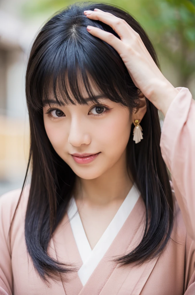 fortune teller,((full body)),((photo)),((best qualtiy, 8K, tmasterpiece:1.3)), Focus:1.2, perfect figure beautiful girl:1.4,1girl,cowboy shot,look at viewer,incredibly absurd, beautiful and cute girl with a photorealistic face, showcasing top-quality craftsmanship, A Japanese woman who works as a fortune teller at a fortune telling parlor, 21 years old, hairstyle is long, deep black hair, shiny, silky texture, diagonal bangs cut above the eyes, side parted hair with a lot of volume, layered hair around the face, amber eyes, fair and fine skin, gentle oval face, cool double eyelids, long eyelashes, thin eyebrows with a natural curve, straight nose, small nose, naturally pink and light lips, plump cheeks that suit a smile, gentle jawline, long neck, beautiful nape, , delicate, well-balanced proportions, slender limbs, small A-cup breasts, beautiful Japanese appearance, elegant Japanese-style kimono with white and pale colors as the base, silver and natural stone earrings and necklace, Japanese patterned fan, beautiful, neat, Japanese style, healing, beautiful girl, kind, gentle, tolerant, knowledgeable, insightful, September