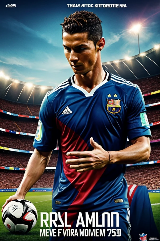 Movie poster where a soccer field appears and there is the world cup and next to it Messi and Cristiano Ronaldo and the title is the Dream Final