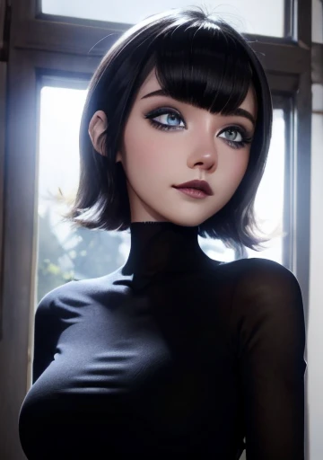 Beautiful girl with blue eyes, short black hair, beautiful and perfectly detailed face, make-up, shadows and eyeliner, voluminous lips