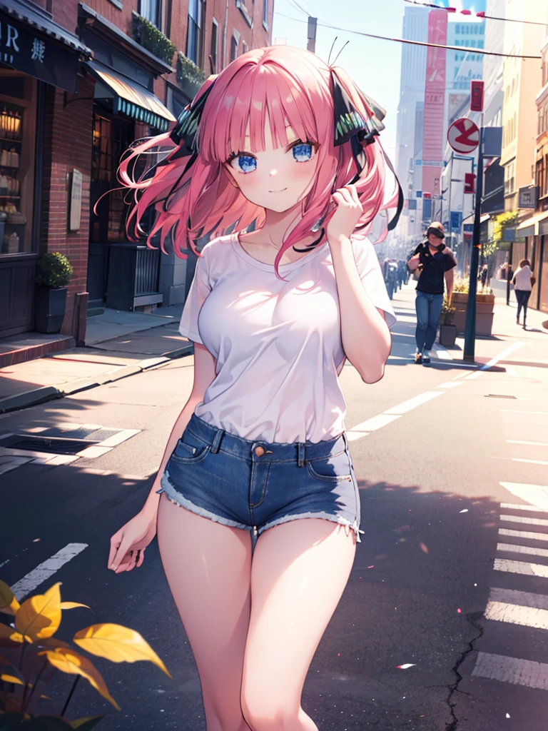 (8K, Highest quality, Highest quality, masterpiece), nn1, 1girl, hair ribbon, long hair, smile, denim shorts, big breasts