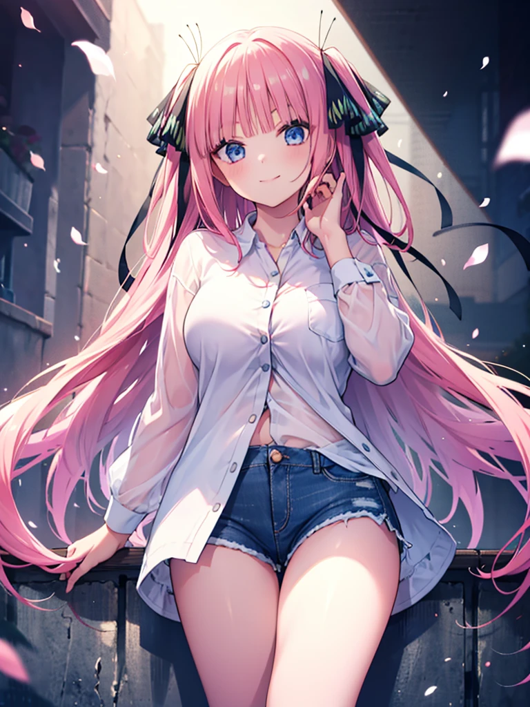 (8K, Highest quality, Highest quality, masterpiece), nn1, 1girl, hair ribbon, long hair, smile, denim shorts, big breasts
