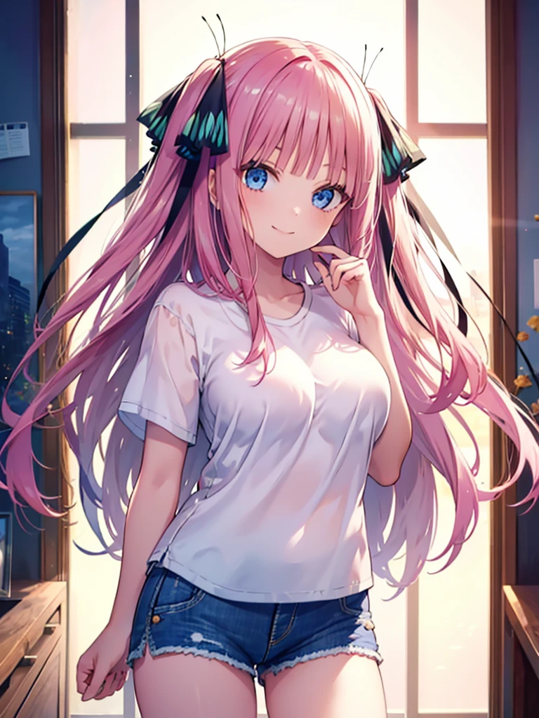 (8K, Highest quality, Highest quality, masterpiece), nn1, 1girl, hair ribbon, long hair, smile, denim shorts, big breasts