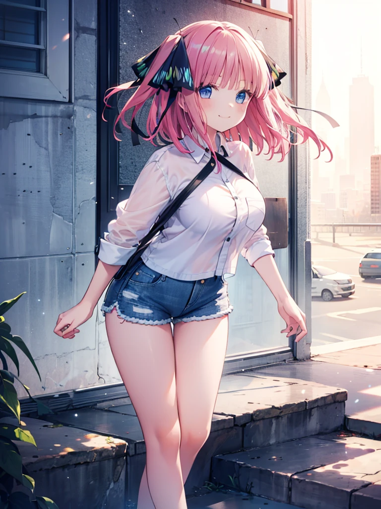 Realistic and detailed image of an elf. with a bow top and denim minishorts. stockings to mid-thigh. Unusually shiny long silky light pink hair styled in pigtails. bright turquoise eyes. She has earrings and long eyelashes. Large breasts, small waist, very wide hips and thick thighs. Back arched. walking sensually. Autumn. falling leaves. windy day. City with trees. Volumetric light. Ambient light.
