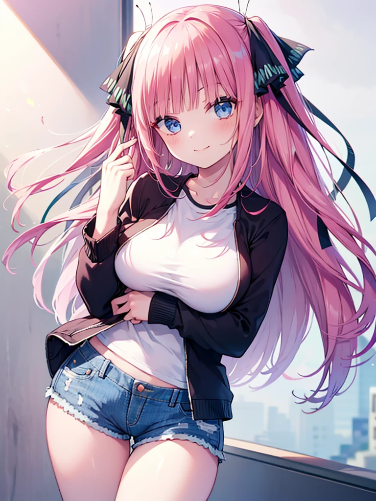 (8K, Highest quality, Highest quality, masterpiece), nn11girl, hair ribbon, long hair, smile, denim shorts, big breasts