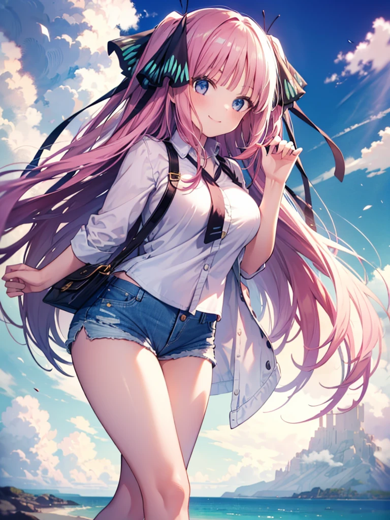 (8K, Highest quality, Highest quality, masterpiece), nn11girl, hair ribbon, long hair, smile, denim shorts, big breasts