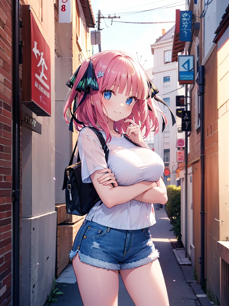 1 girl,(, short stature),animesque、Young and cute idol face、(Lorioppai)(Clothed big breasts , breasts,Mi Hot Pants)Double piece with hands raised (WatercolorPrivate Services, Shoulder Knitwear,Shoulders exposed、Back exposure) Huge breasts,