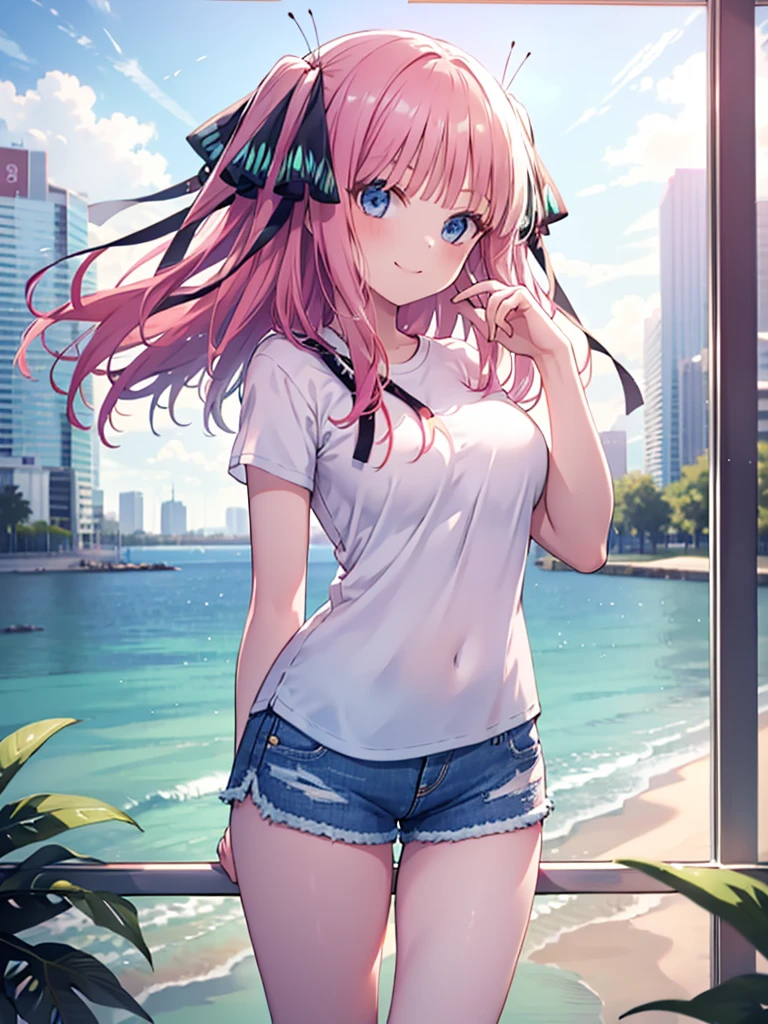 (8K, Highest quality, Highest quality, masterpiece), nn11girl, hair ribbon, long hair, smile, denim shorts, big breasts