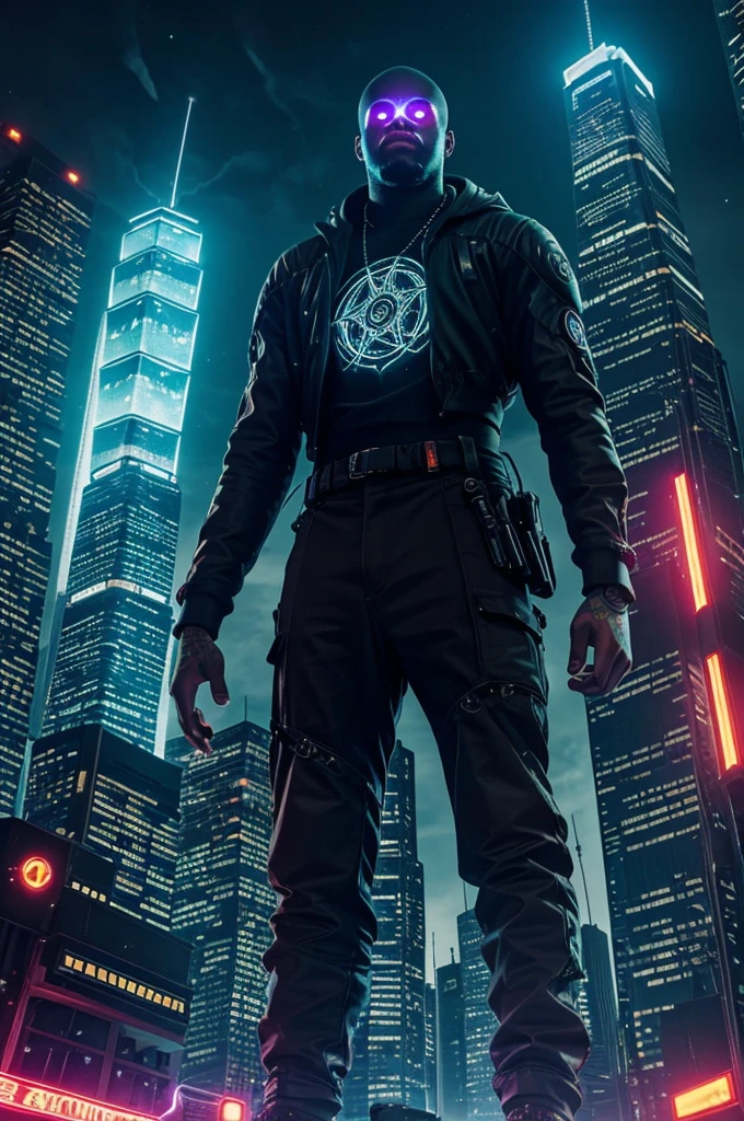 Tattos, A titanic cosmic beast with tentacles hovers above a gleaming metropolis, illuminated by the dazzling panel lights of skyscrapers. The city's inhabitants look up in alarm, while a brave age rapper stands defiantly, ready to battle the enormous monster. Cinematic, intense, colorful, futuristic