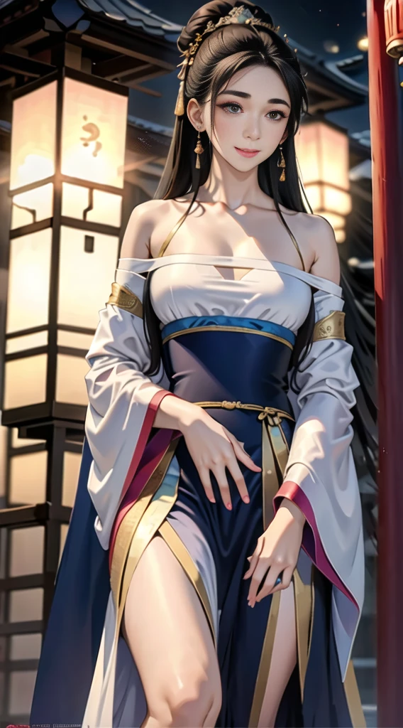 Girl in traditional Chinese clothing, Hanfu ,long black hair, black eyes, black bun hairstyle, hair accessories ,white diamond earrings, Bangle Diameter, Dia Necklace, Clear eyes, Facing forward,put on makeup, Long eyelashes
,Long shoulder top, long skirt, white, ((Whole body)), ((from below))ฃ, Clear face,  , (Very beautiful face, Beautiful mouth, beautiful eyes), detailed face, ((Ultra-fine skin)), In the dark, deep shadows, an ancient Chinese girl (Very slim figure 1.3)
 ,Plump breasts, sexy slender legs elegant posture (smile brightly) (city night (neon light)) (nighttime ),