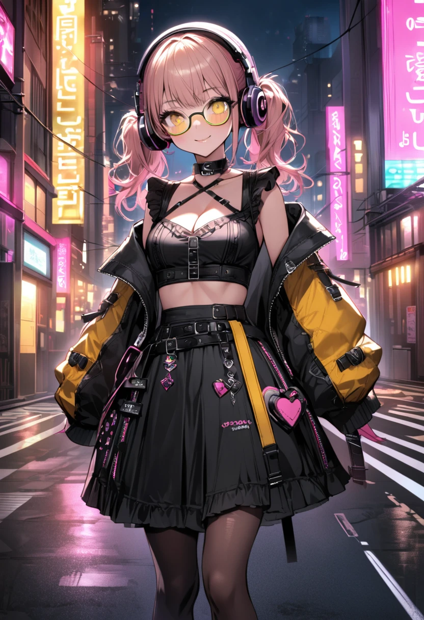 extremely detailed fine touch, 2D, girl, solo, very short black twintails hair, (((yellow underrim glasses:1.3))), (headphones:1.2), blush, smile, standing on the road, perfect anatomy, in the urban area, tokyo (city), at night, neon lights on the background, eyelashes, clavicle, cleavage, midriff, wearing the jirai-kei pink fashion, black mask, black leggings, black boots, high-detailed skin,jirai kei, black skirt, 