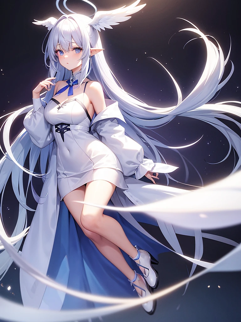Blue Ribbon, white hair, long hair, wing hair, White wing, off the shoulder coats, Short dress, full body, concept art, purple inner hair, star in eye, halo,