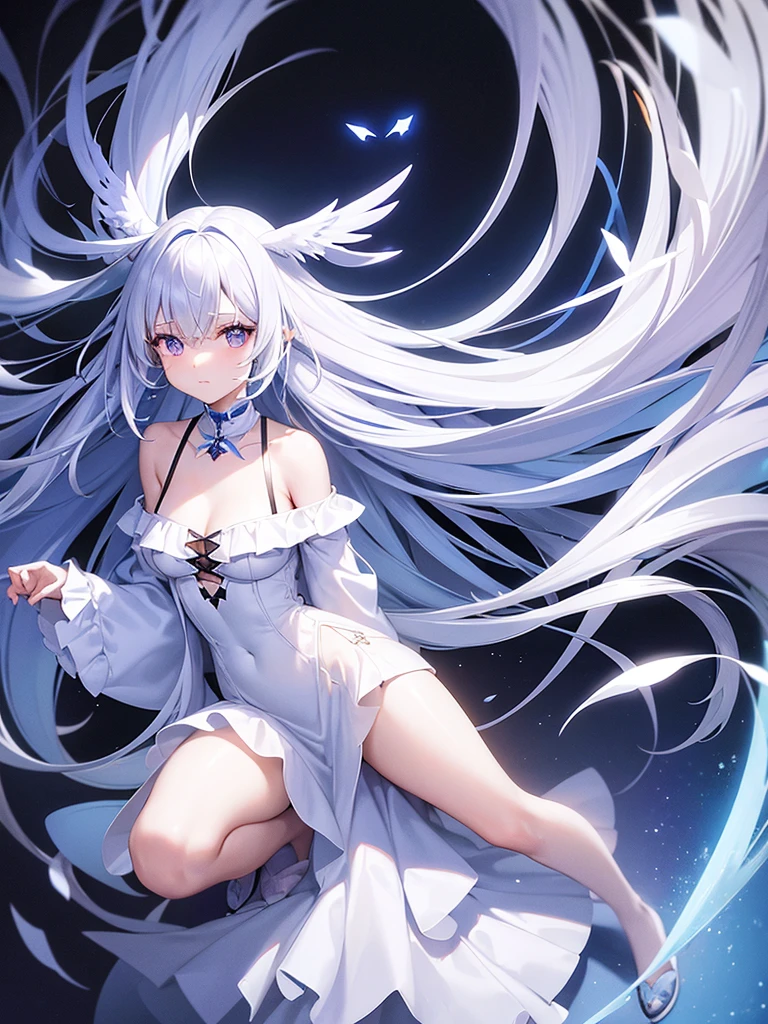Lilac gradient hair,Asymmetrical hair,((Hair is very thick 1.8,Hair is well-defined1.6)), Hair over the shoulder, messy hair, Very long hair, shinny hair,(Long gray hair:1.2),A beautyful girl,(Luxury Platinum Mini Ultra Short Platinum Lolita,Made of transparent material),(Transparent clothes transparent 1.8),perfect body figure,Large slender legs,slenderness,(looking sad,Haggard complexion ,grieves,close your mouth:1.2) Against the backdrop of an unusually bright dark starry sky,(Place your hands behind your back),(Round,tuba, firm breast),The barefoot,afloat,waterface,(long leges,long leges,long leges,Perfect leg shape),fully body photo。